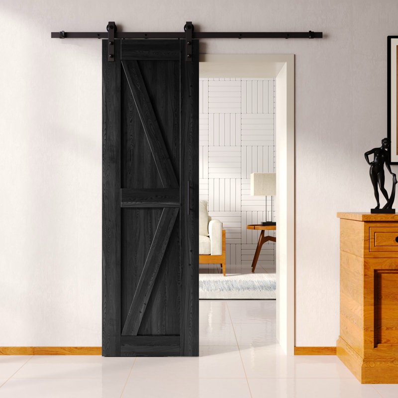 Homacer 96inch High Black Unassembled \u0026 Finished K Design Barn Door with Single Door Non-Bypass Installation Hardware Kit, interior use only