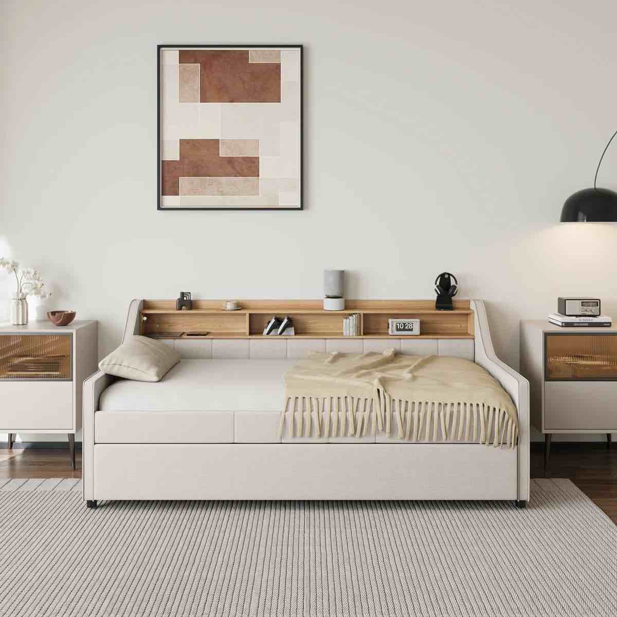 daybed with trundle, usb charging ports, strip lights and storage shelves