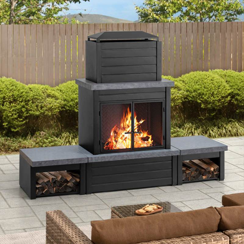 Sunjoy Outdoor Fireplace, Patio Wood Burning Steel Fireplace with Chimney, Log Holders, Fireplace Tool and PVC Cover
