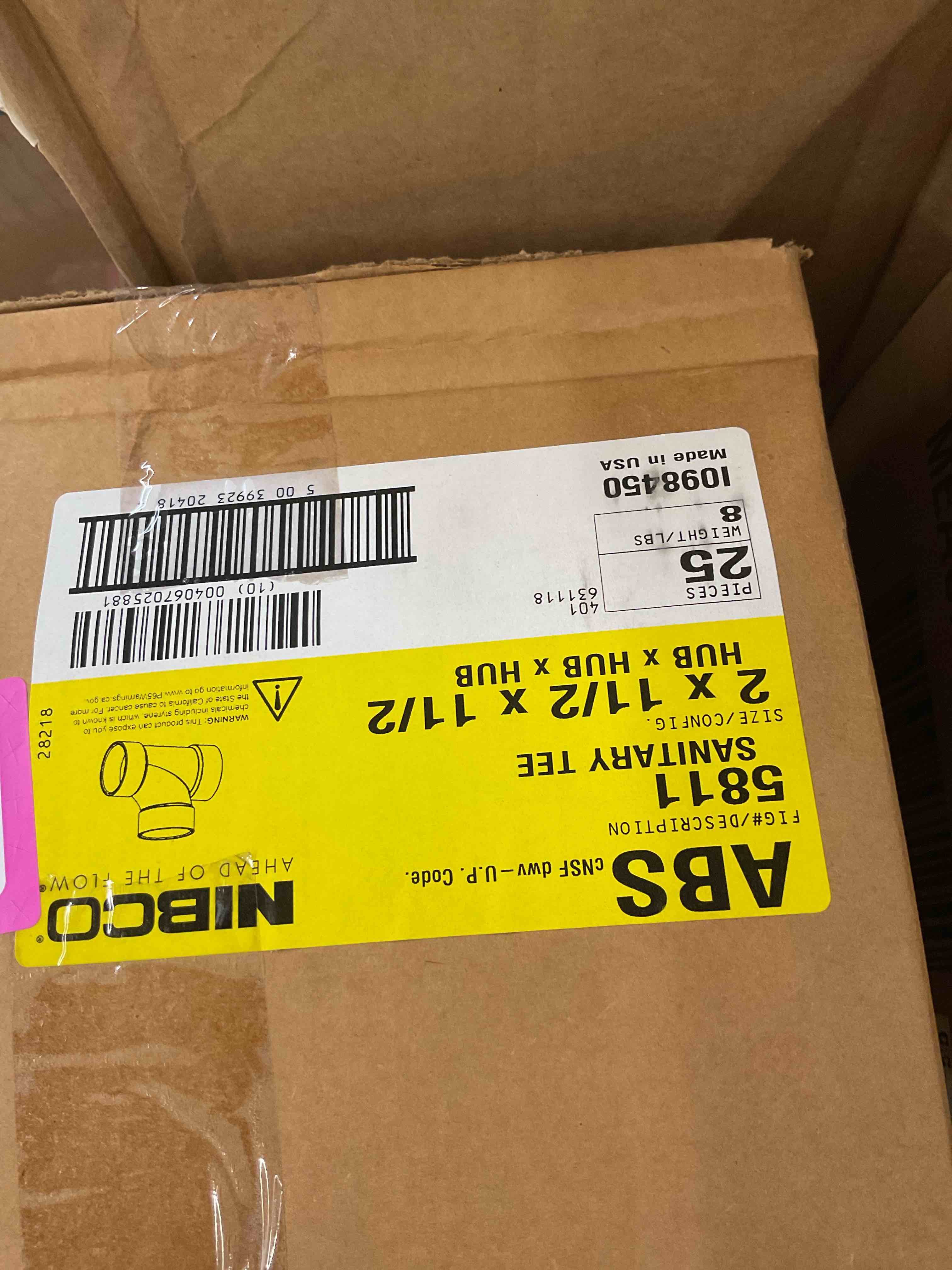 nibco fig no c5811, 2 in. x 1-1/2 in. abs dwv sanitary tee hub x hub, solvent weld