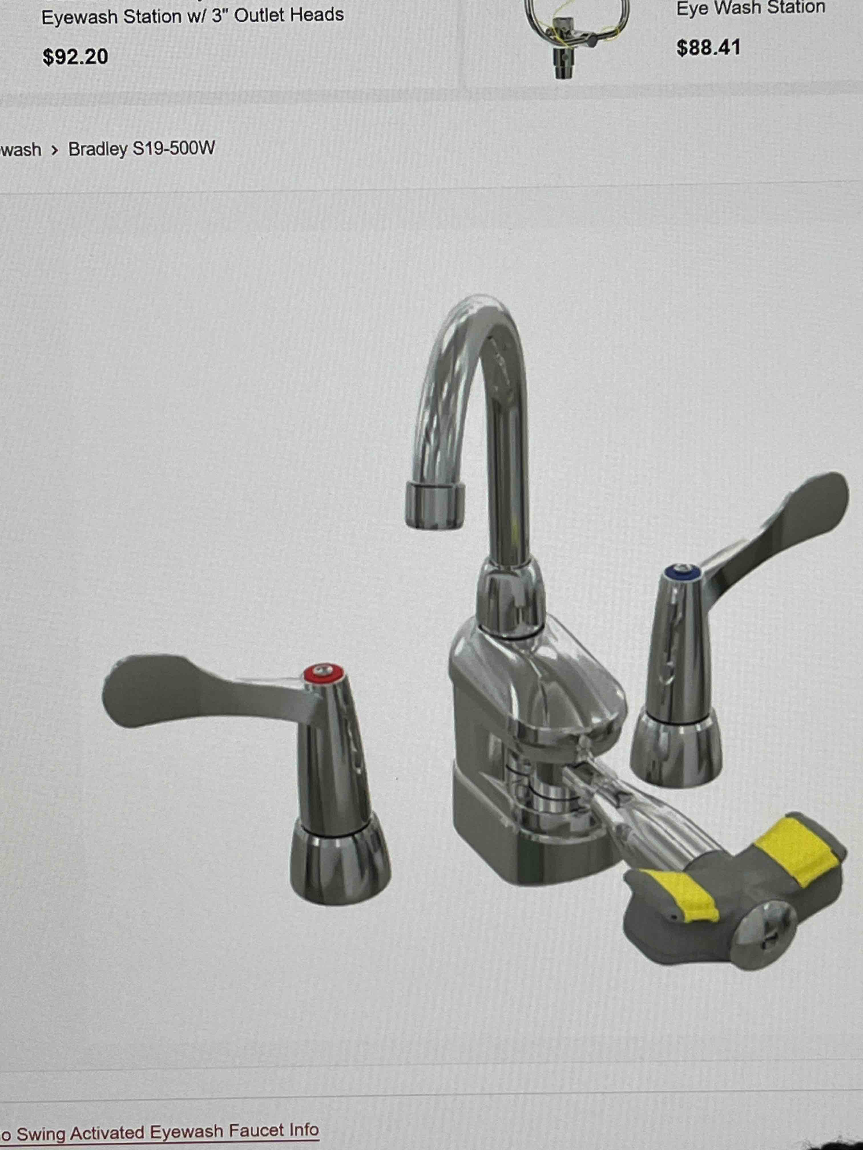 Bradley S 19–500 W deck mount swing activated faucet/eye wash unit, wrist blade faucet right hand