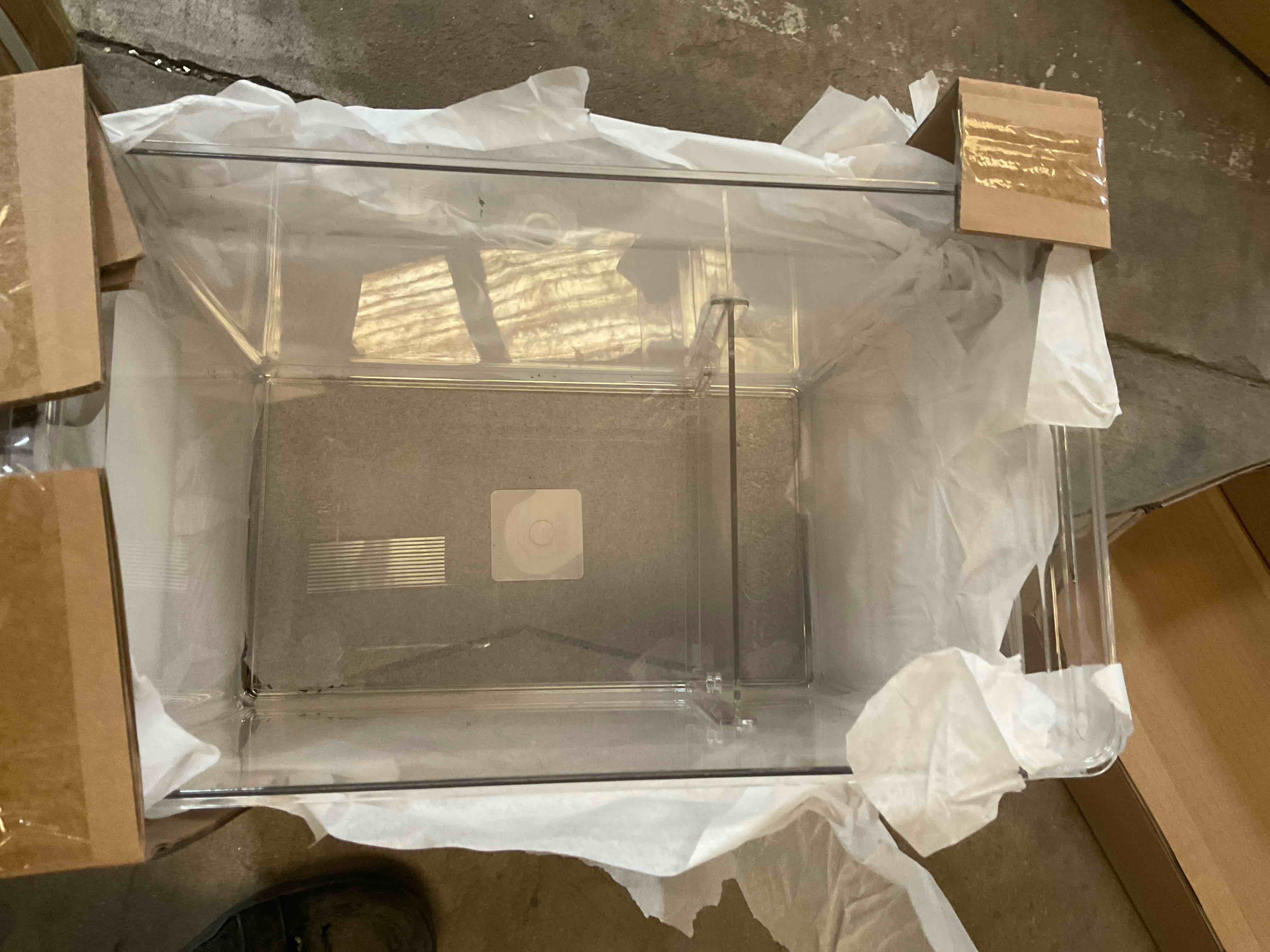 Condition photo showing Good Condition for 4 clear organization storage bins with moving dividers 8” depth approximately 7” wide