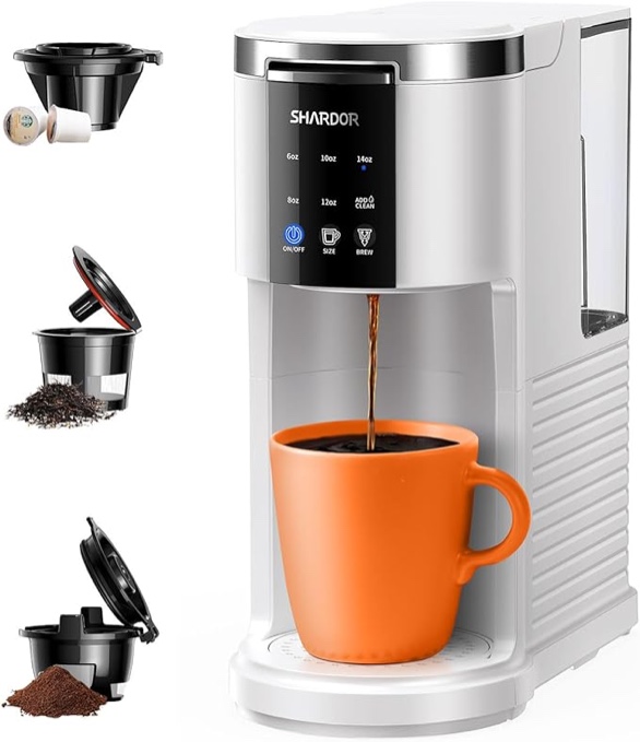 3 in 1 k cup coffee maker, single serve coffee maker for k cup pods & ground coffee & teas, 6 to 14oz brew sizes, 40oz detachable water reservoir, compact design, white