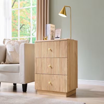 Nightstand with Charging Station Modern Fluted Bedside Table with 3 Storage