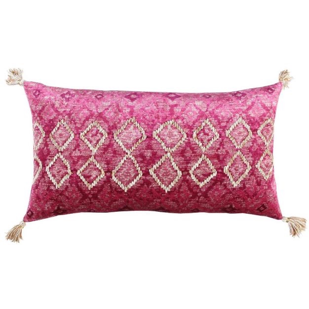 14” x 26” Oversized Polyester Filled Lumbar Throw Pillow - Rizzy Home: Cotton Velvet, Geometric Embroidery, Tassels