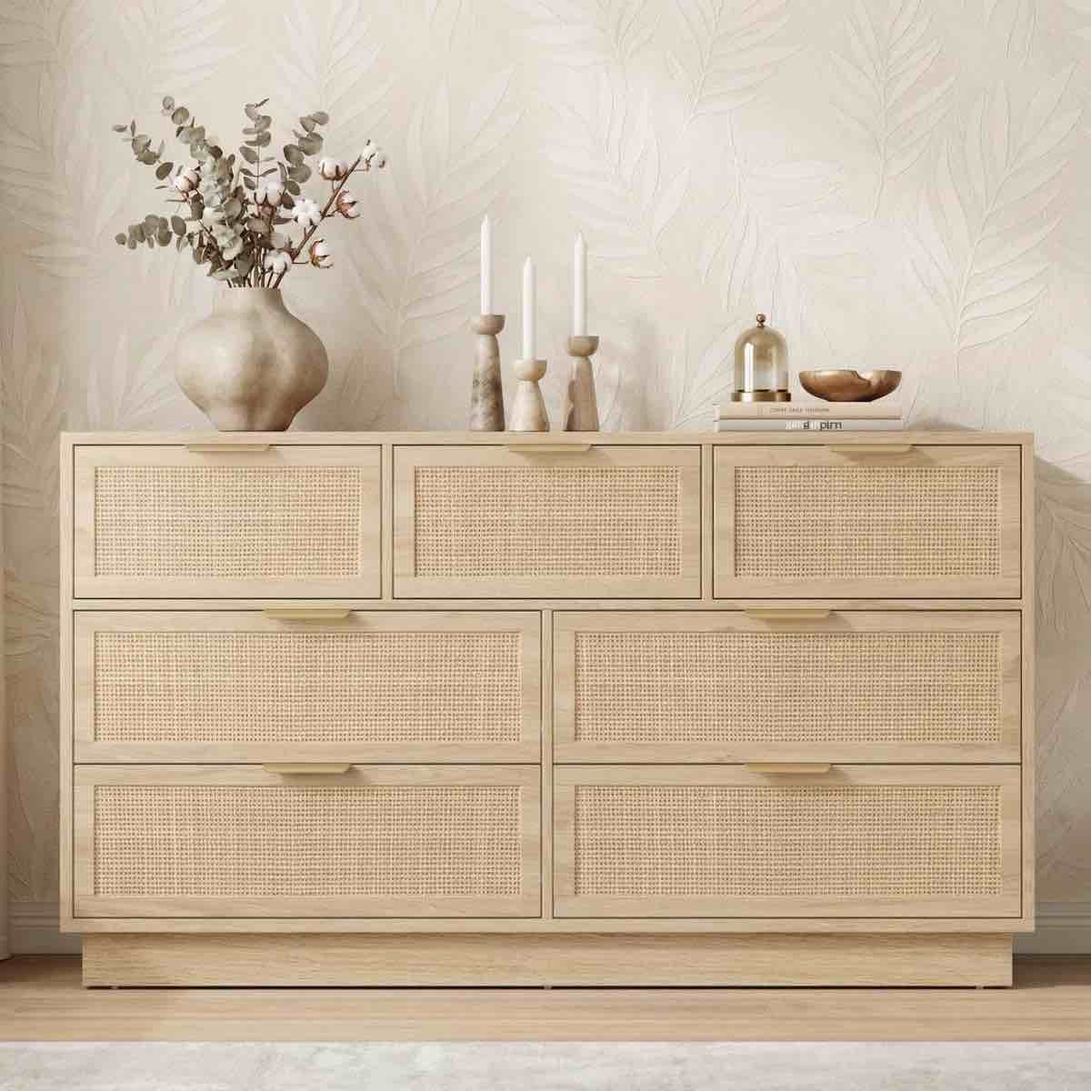 7 drawer dresser, 55in wide 7 chest of drawers with metal handles and wooden sturdy base for bedroom living room nursery