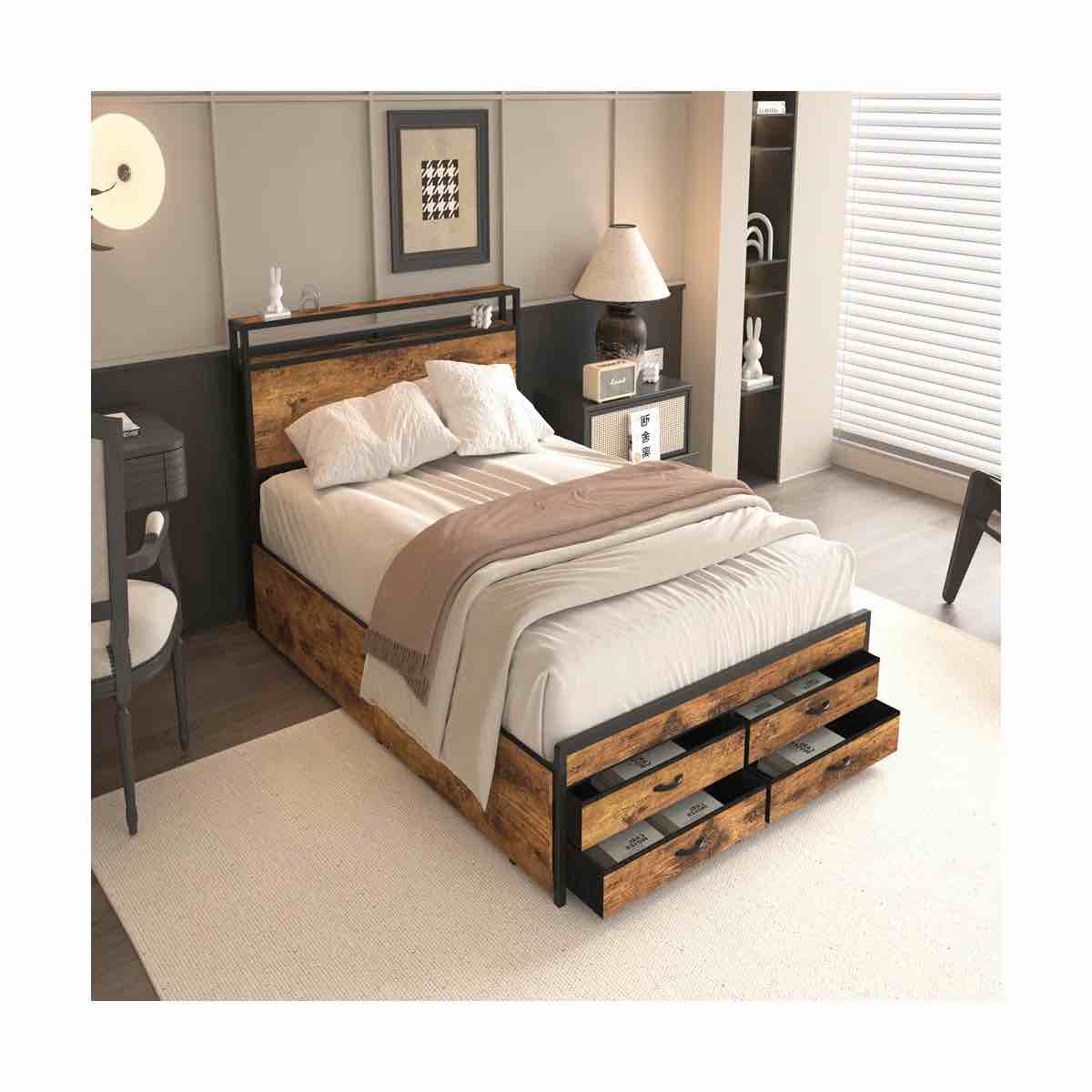 bed frame with 8 storage drawers, led headboard with charging station, metal platform bed frame, no box spring needed, noise-free, stable and solid, black