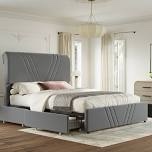 upholstered bed frame with 4 storage drawers, tall 51" velvet headboard with v-shaped design & nailhead trim, velvet fabric bed for bedroom