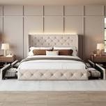 Bed Frame With Storage Drawers And Tufted Headboard Velvet Upholstered Platform, Led Light Wingback