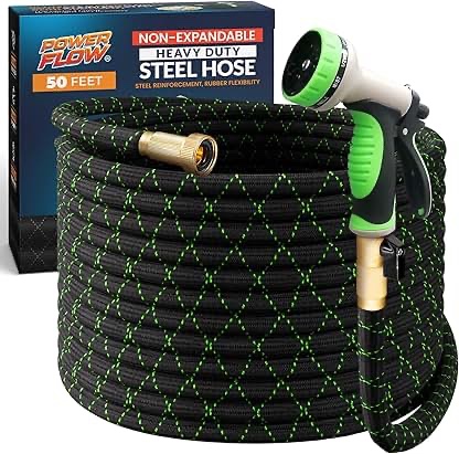 powerflow garden hose, non-expandable 50 feet premium quality stainless steel metal water hose with durable fabric skin, hose for commercial, residential use, bonus 10-way spray nozzle (50 ft, black)