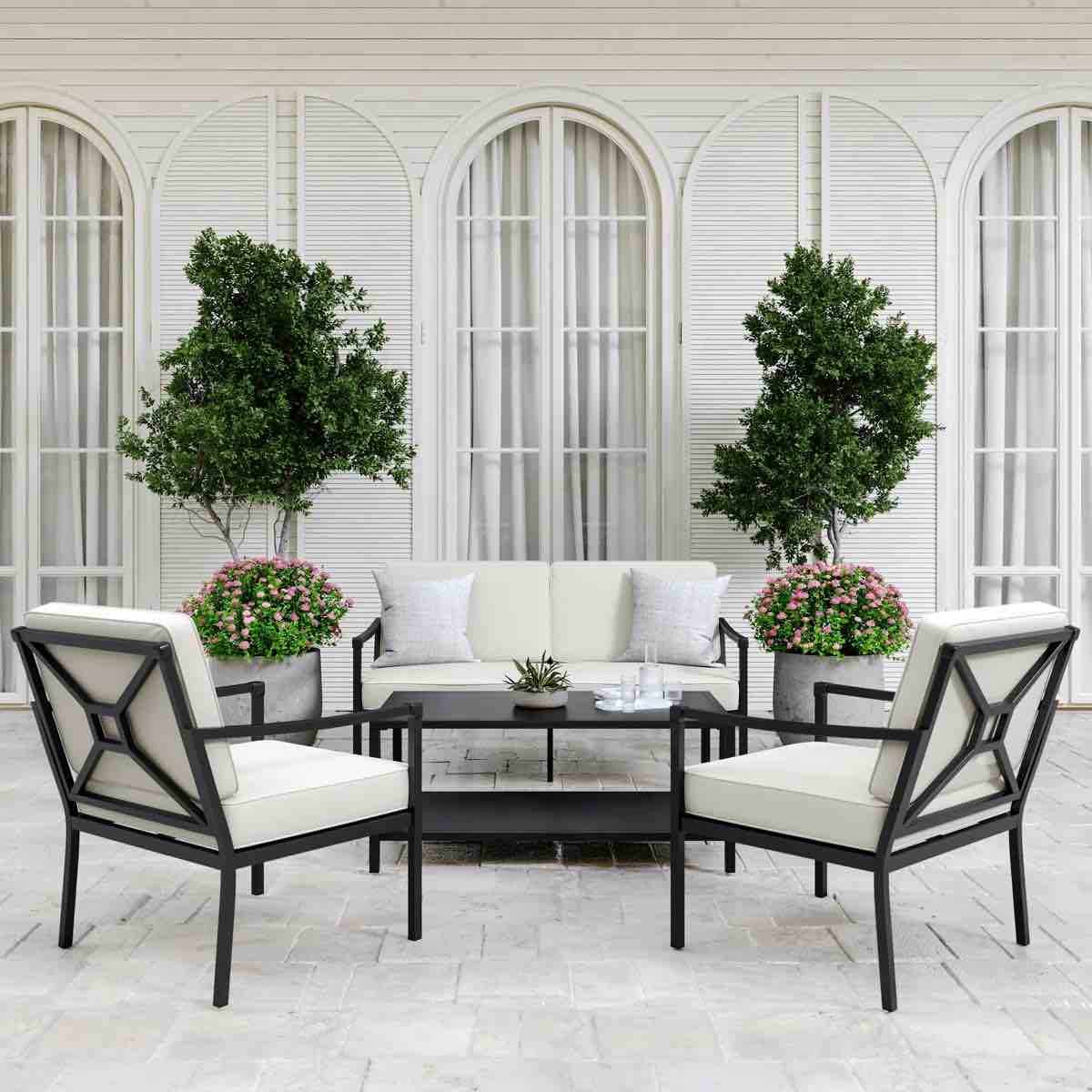Martha Stewart Lily Pond 4Pc Steel Patio Conversation Set With Loveseat, 2 Accent Chairs, Coffee Table