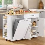 Portable Mobile Rolling Kitchen Island With Trash Can Storage Cabinet & Drop Leaf, Wheels Drawer Cabinet For 13 Gallon Garbage Bin