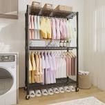integrated made 3 tier rolling clothing rack with 1 hanging rod 