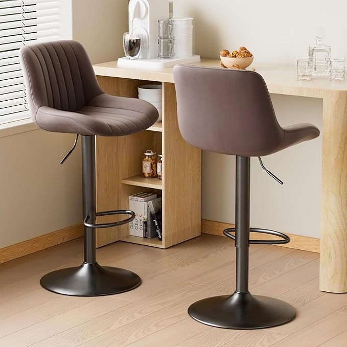 nalupatio bar stools set of 2, adjustable modern swivel bar stools with backs, counter height performance fabric island chairs for home kitchen, dark brown