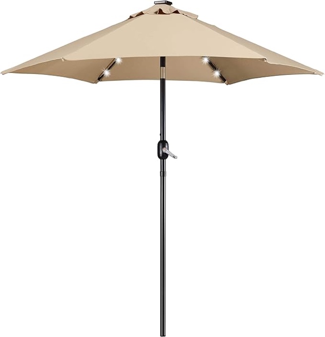 7.5FT Solar Patio Umbrella-18 LED Lighted Market Table Outdoor Umbrella w/UV Protection Push Button Tilt & Crank Lift System for Garden/Lawn/Deck/Backyard/Pool,Tan