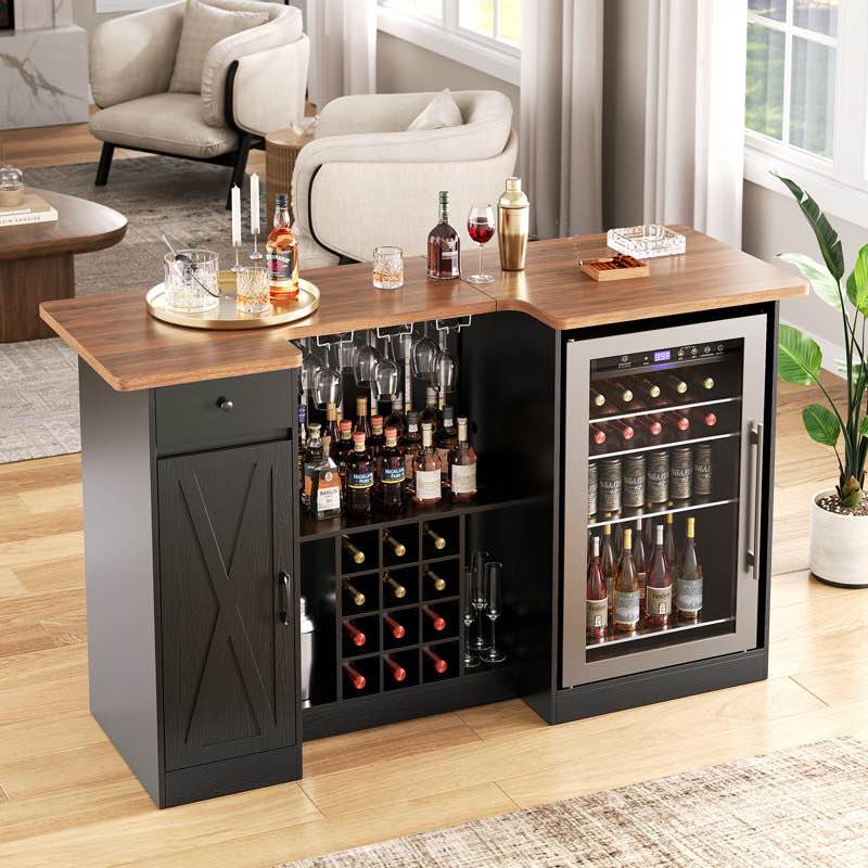home bar unit with fridge space, 72" u-shape liquor wine cabinet with power outlet, wine glass holder, bar table with storage for basement living room dining room home pub, black 704e10b58bd54220b9e3a333de52a5e9