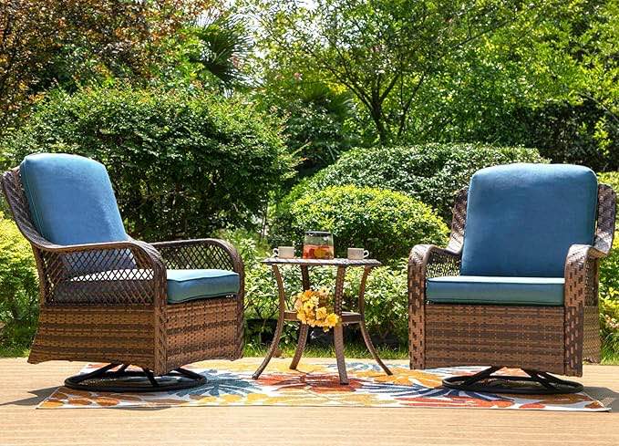 pv-025-n2-b Oversized Outdoor Wicker Patio Furniture Set 3 Piece, 2 Rattan Swivel Rocker Patio Chairs Large Oversized Deep Seating Group with Navy Blue Cushions & Side Table
