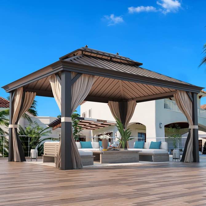 12' x 16' hardtop gazebo galvanized steel double-roof canopy outdoor, aluminum frame permanent metal pavilion, netting & curtains