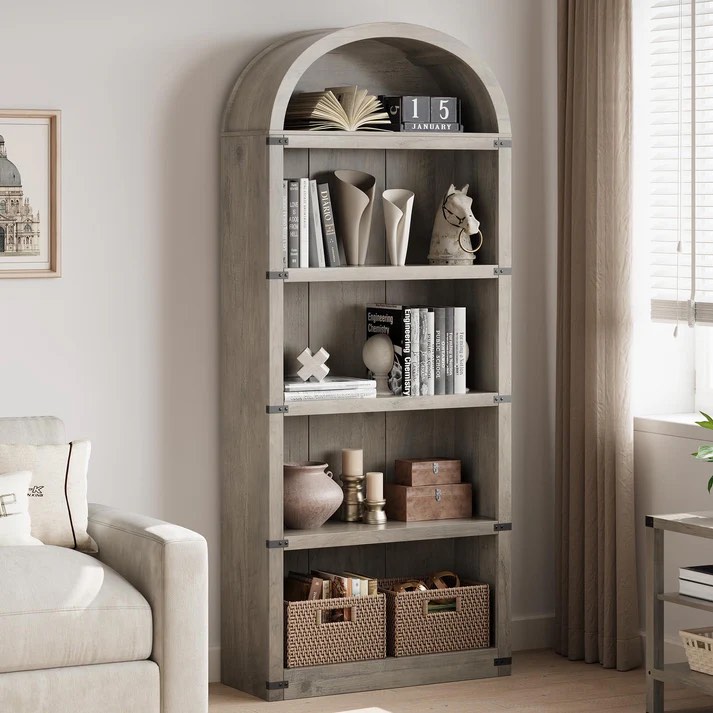 Garvee Bookcase 5 Shelf Arched Bookshelf Rustic Gray for Home Office Living Room 71.65in Tall Wooden Storage Rack 