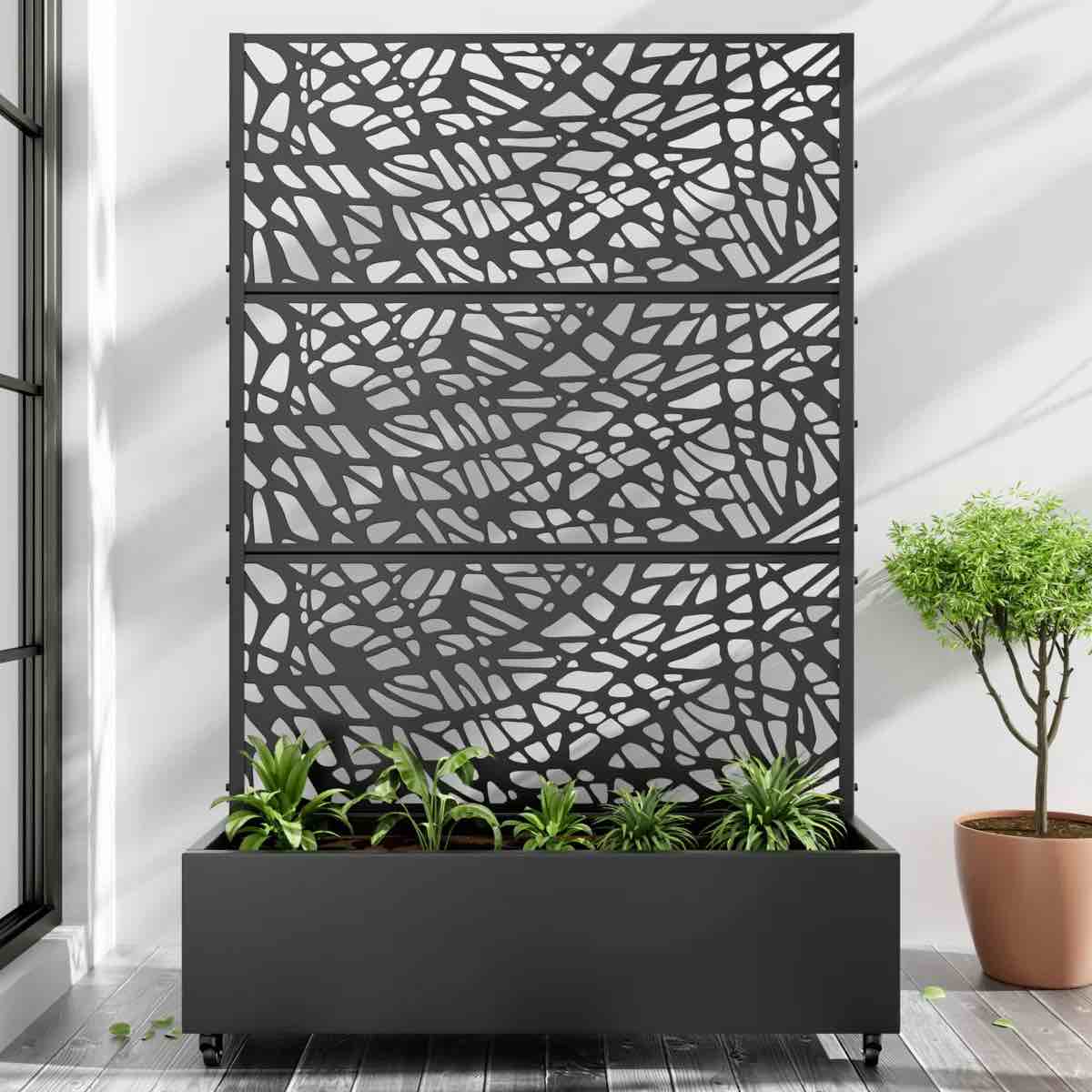 metal planter box with trellis with wheels