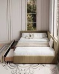 upholstered daybed with backrest, reversible armrests, and storage drawers