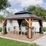incomplete solid wood gazebo, outdoor double roof gazebo with curtain & netting for garden, patio, deck, backyard