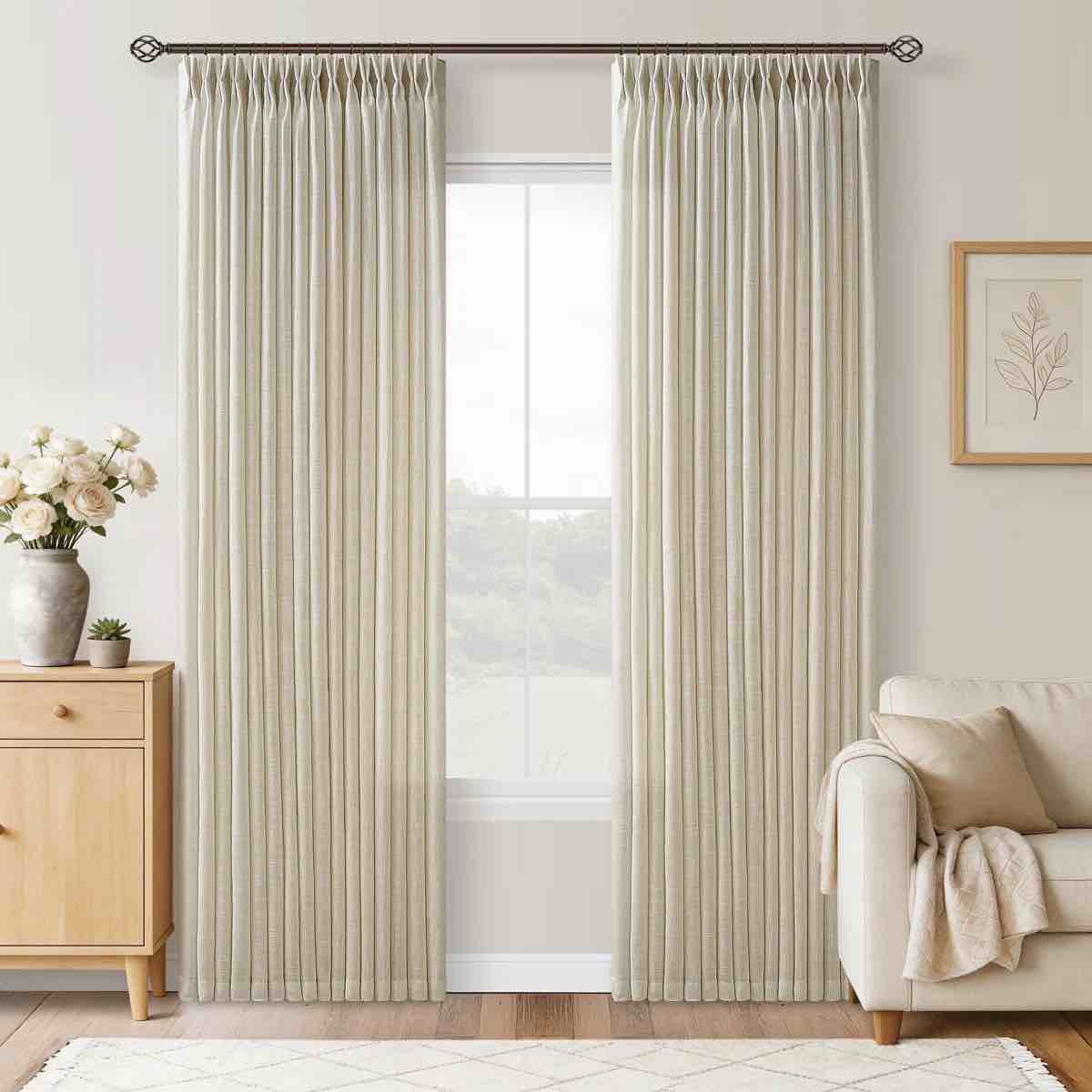 Thick Linen Fabric Memory Trained Pinch Pleated Solid Farmhouse And Modern Rustic Curtains for Dining Living Room bedroom 2 Panels