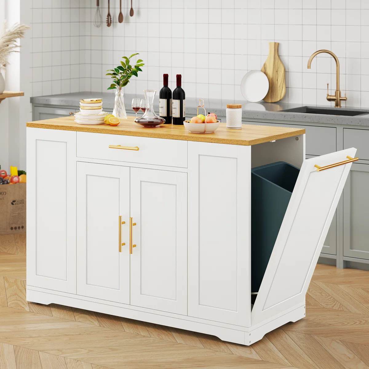 cushing rolling kitchen island with wood top & trash can storage cabinet