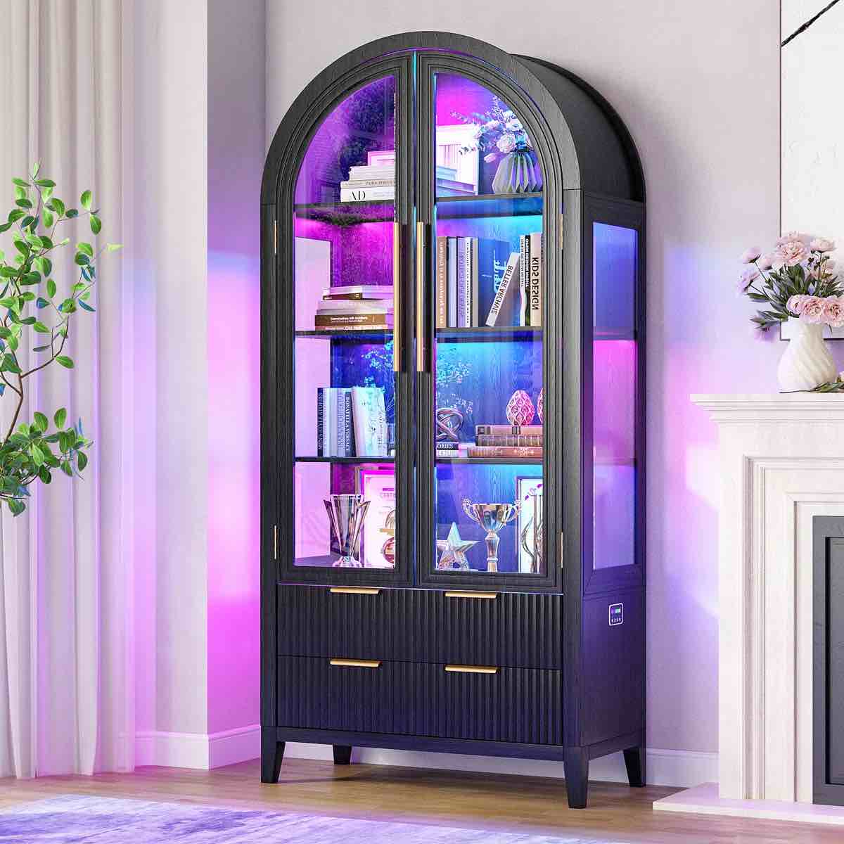 freestanding arch display cabinet with 3-color light modes and motion sensor