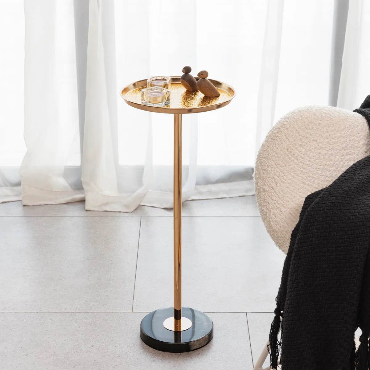 2 Pcs Adjustable Side Table, Small Tea Martini Table, Gold, Natural Marble Decorative Pedestal End Table for Display and Storage