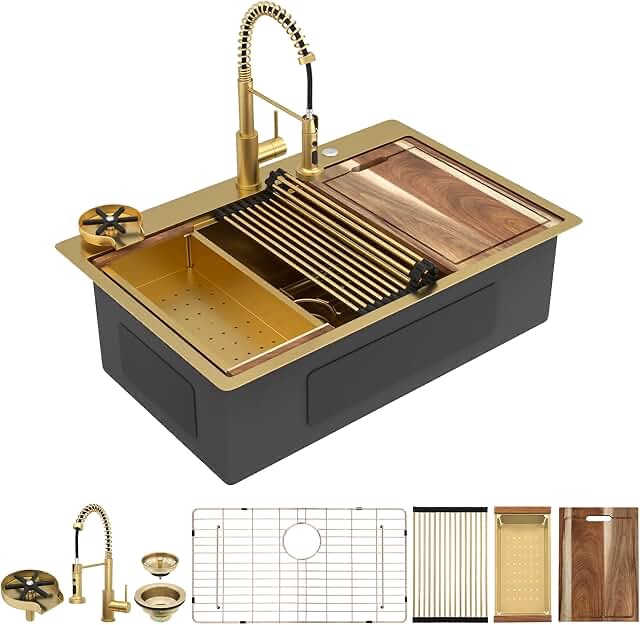 33 x 22 inch gold large single bowl stainless steel kitchen sink - 304 grade nano coating, waterfall edge, pressurized cup washer, modern embossed design