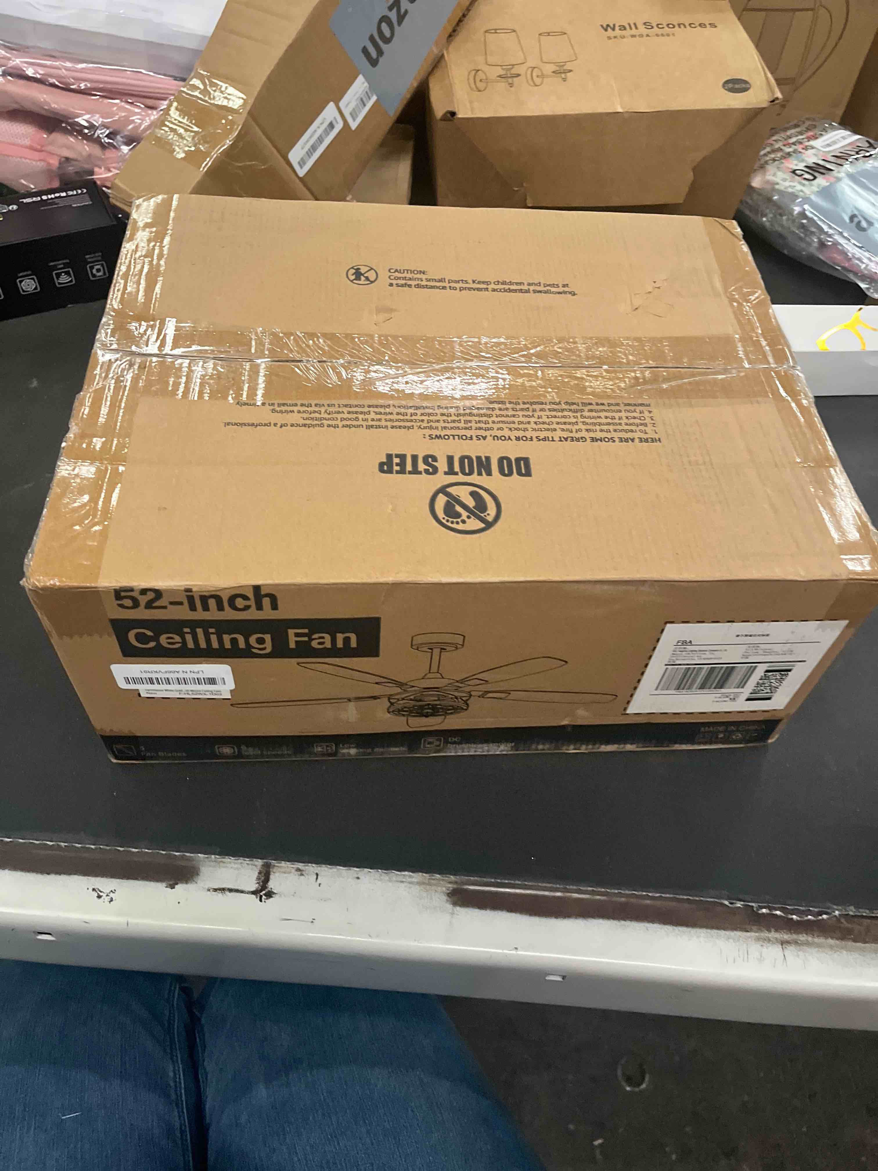 Condition photo showing Good Condition for 52 Inch Farmhouse Ceiling Fan with Light and Remote, Black Industrial Caged Flush Mount Ceiling Fans with 6 Speed Reversible Motor and Dual Finish 5 Blades, Rustic Ceiling Fan for Living room, Bedroom 52Inch Black