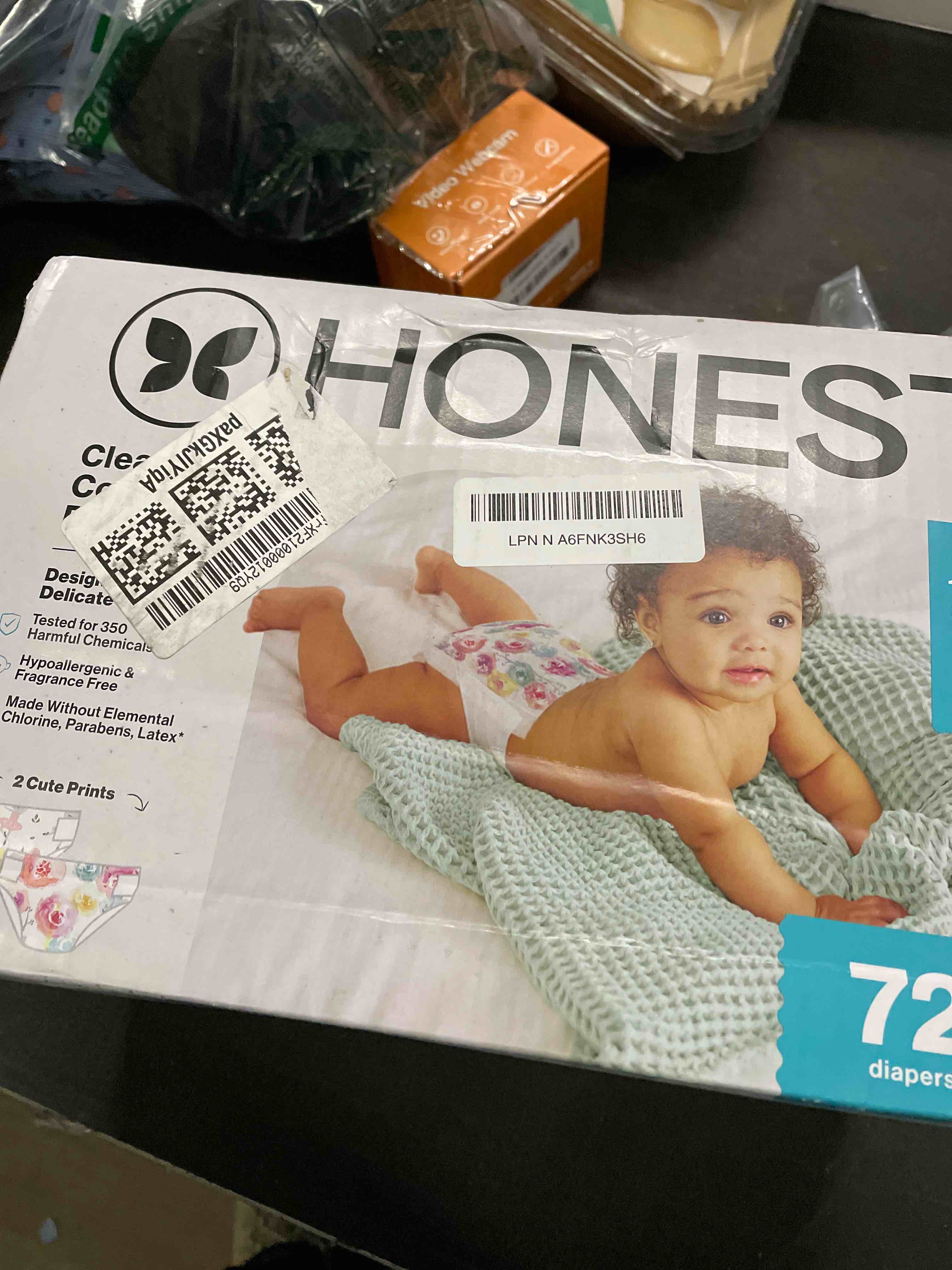 Condition photo showing Good Condition for The Honest Company Comfort Dry Disposable Diapers for Sensitive Skin, Hypoallergenic, Rose Blossom + Tutu Cute, Club Box Size 2 (12–18 lbs), 72 Count Size 2 (72 Count) Rose Blossom + Tutu Cute