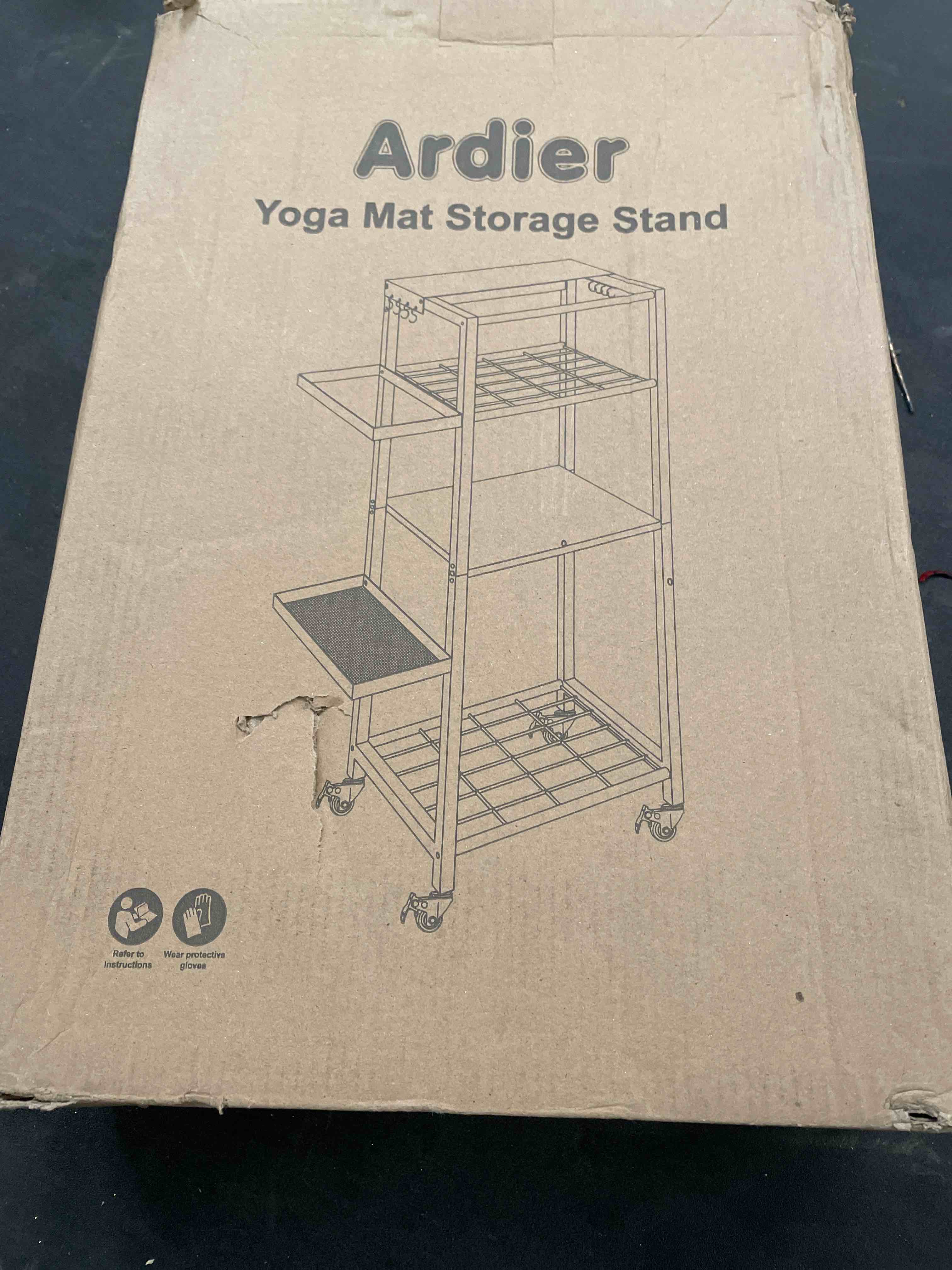 Condition photo showing Good Condition for Yoga Mat Storage Rack with Wheels, 3 Tier Home Gym Workout Equipment Organizer for Dumbbells, Kettlebells, Foam Rollers White