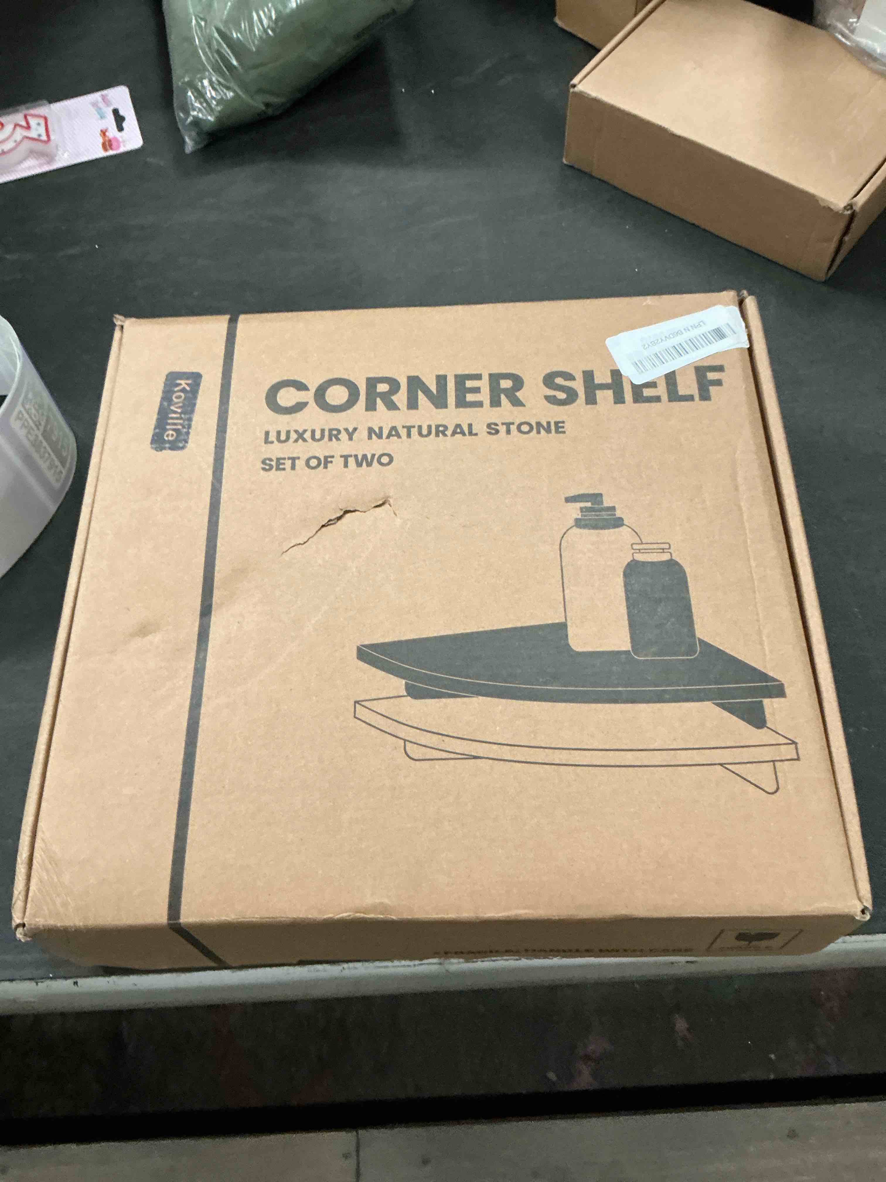 Condition photo showing Good Condition for Koville Italian Natural Marble Corner Shelf, 2 Pcs Wall Mounted Marble Bathroom Corner Shelves Organizers, Polished Stone Corner Shower Caddy, No Drilling Adhesive Shower Caddies - Khaki Rose Khaki Rose 2-Layer