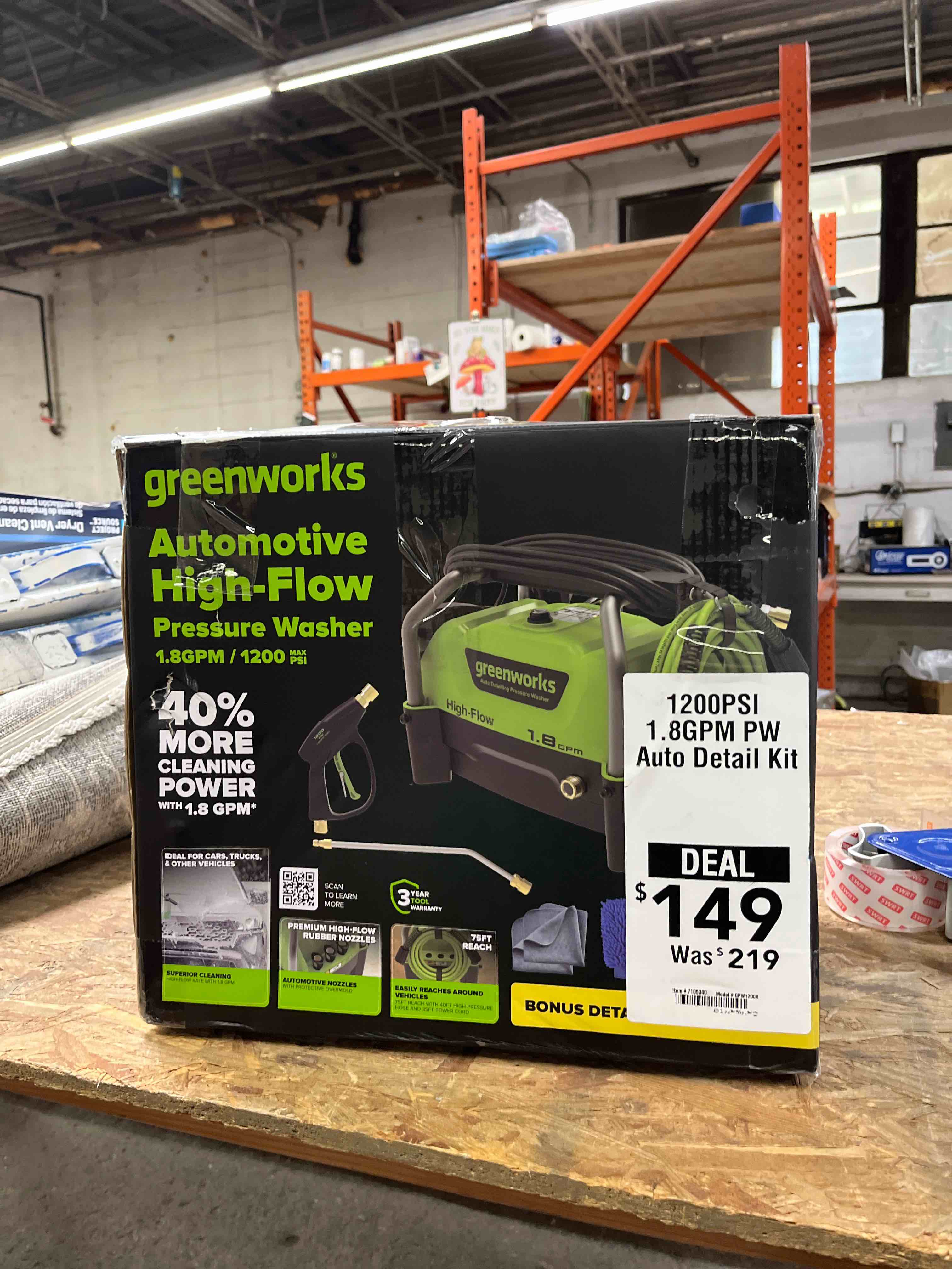 greenworks high flow automotive 1200-psi 1.8-gpm cold water electric pressure washer with 3 spray tips