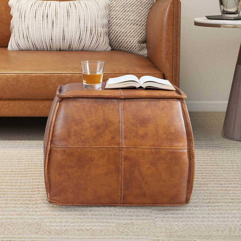 OEKO-TEX® STANDARD 100 Full-Grain Genuine Leather Square Pouf With Patchwork Design