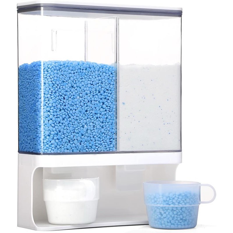 Clear Laundry Detergent Dispenser with Dual Compartments and Measuring Cup