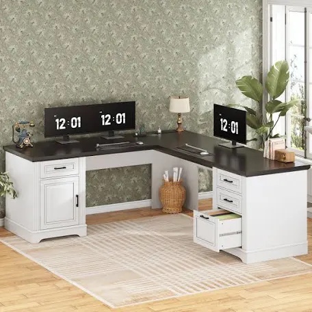 Farmhouse Executive L Shaped Desk, Home Office Desk With File Drawer And Power Outlet, Computer Corner Desk With Drawers And Storage Cabinet, Workstation For Office Home