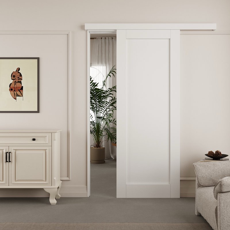 Hidden Style Track Solid Manufactured Wood Panel White Primed Sliding Barn Door With Installation Hardware Kit(No Assembly Required)