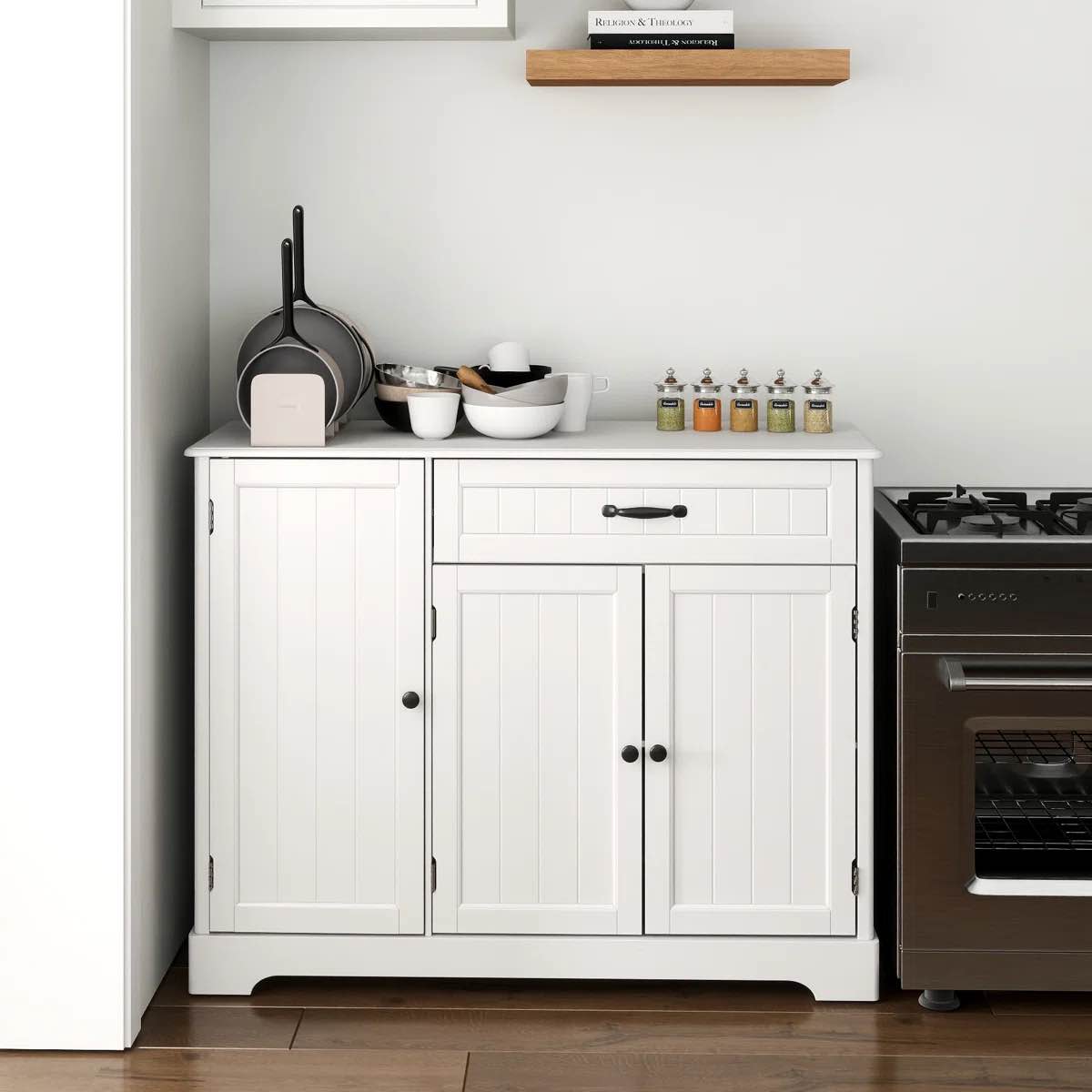 Bayview 33” Kitchen Pantry with 3 Doors, 1 Drawer, Refrigerator-Style Doors, Standalone Storage Cabinet, Solid and Engineered Wood, Multiple Finish Options