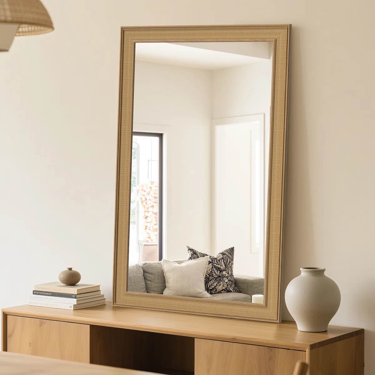 Rexford  Natural Wood Rattan Mirror Farmhouse Wall Decoration