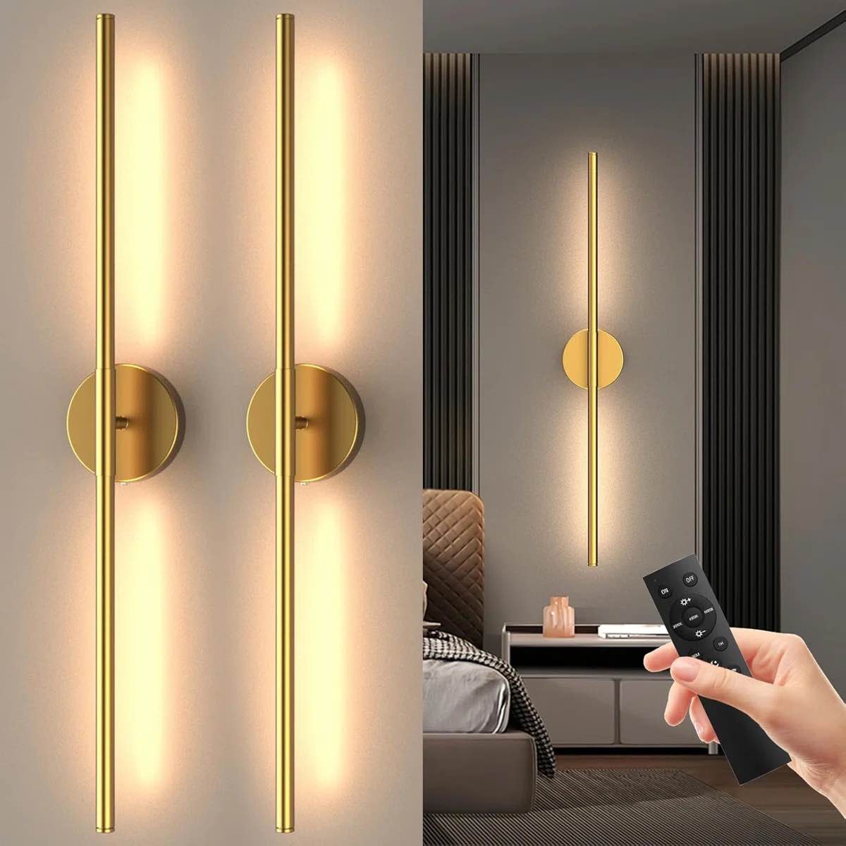 Rechargeable Battery Operated Wall Sconces Set Of Two With Remote Control, Dimmable LED Glass Wall Lights For Living Room, Hallway, No Wiring Required
