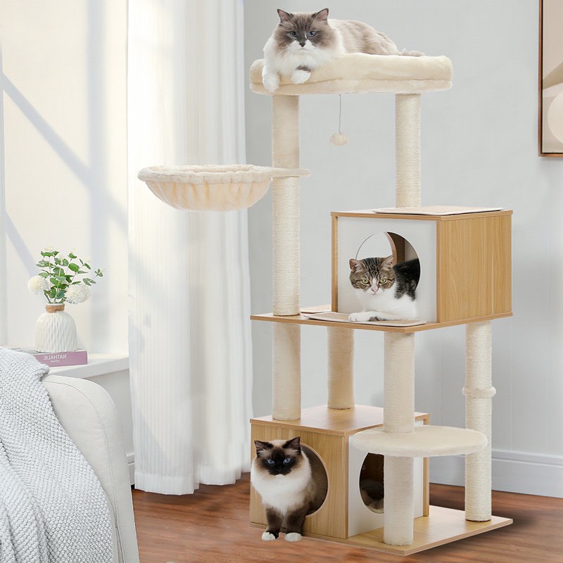 Adai 51" Cat Tree for Large Cats,Wood Cat Tree Tower for Indoor Cats with Cozy Cat Condo, Sisal Covered Scratching Post and Repalcable Dangling Balls