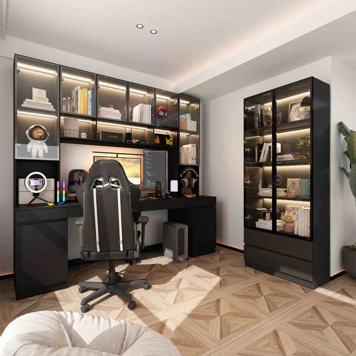 90.6"W Double Workstation Working Desk With Hutch Bookcase Light BOX1