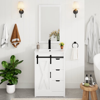 Bathroom Vanity With Sink, Faucet, Mirror, Sliding Barn Door, And Drawers