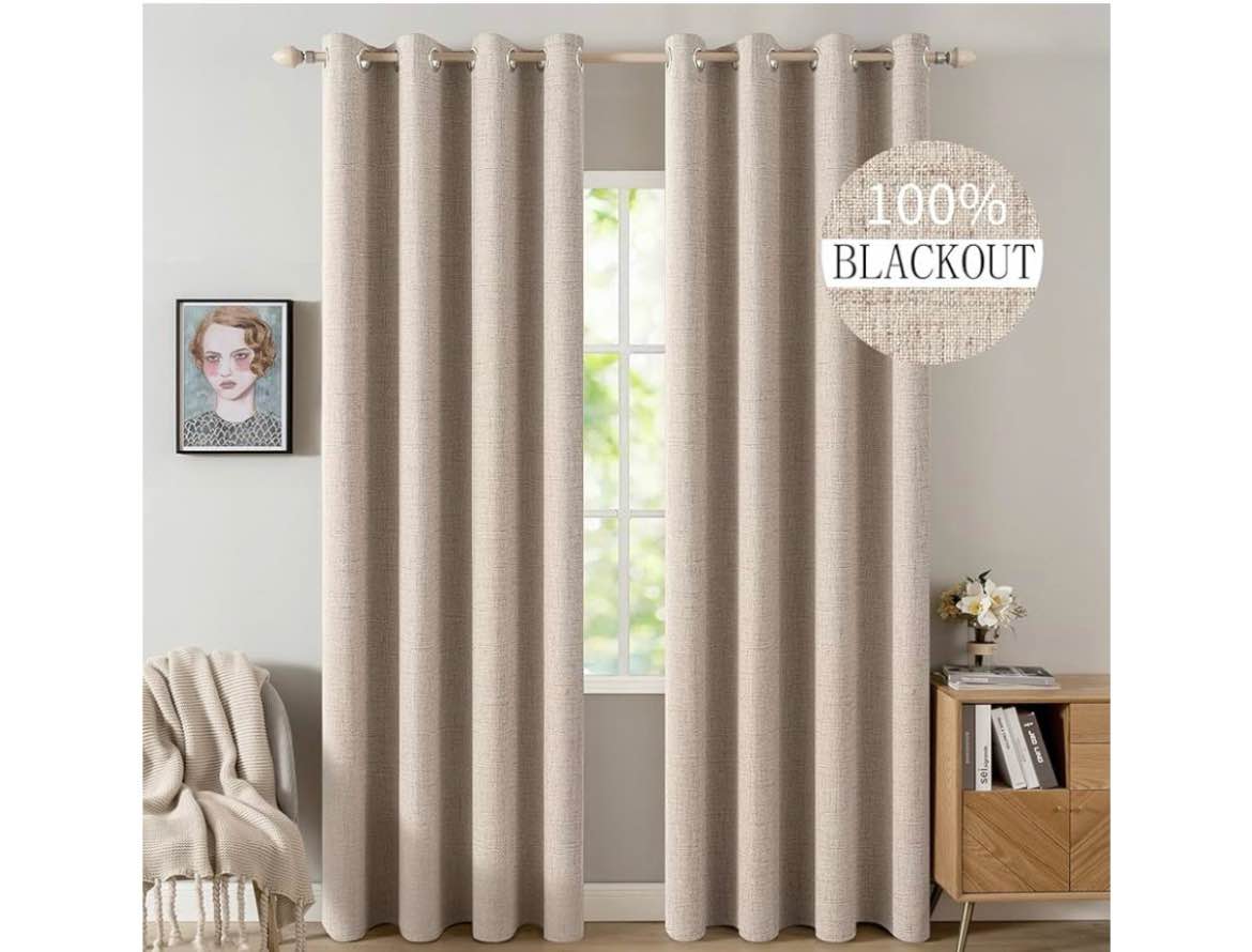 MIULEE Linen Textured Curtains Solid 100% Blackout for Bedroom Thermal Insulated Heathered White Gro