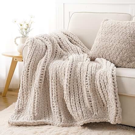 battilo fall chunky knit throw blanket, soft and thick chenille throw blanket, 50"x60" handmade cabl