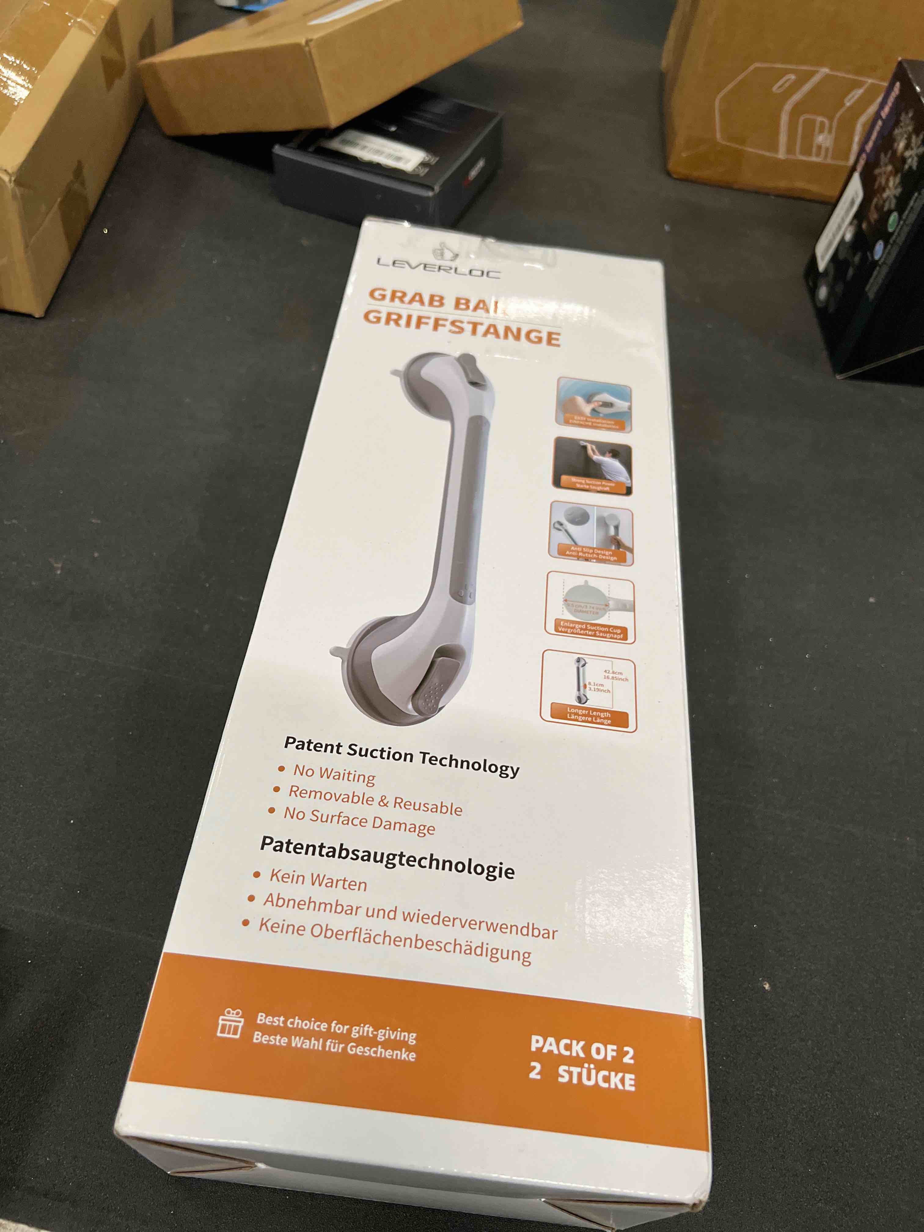 Condition photo showing Good Condition for LEVERLOC 2 Pack Shower Grab Bars for Bathtubs and Showers, Easy to Install Suction Shower Handles for Bathroom Removable Handrails for Seniors Elderly Heavy Duty Safety Grip Waterproof Drill Free Gray 16.8” 2 Set Gray