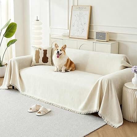 KaviKon Couch Cover for Dogs, Boho Sofa Covers for 3 Cushion Couch, Chenille Sofa Slipcover for Pets
